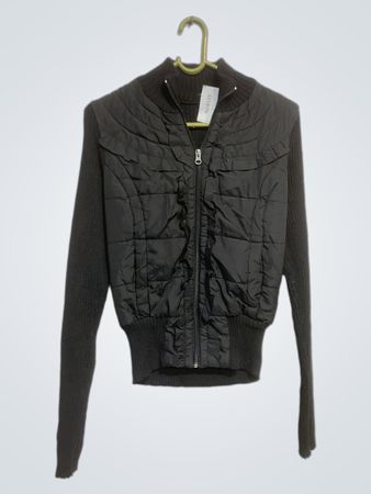Black Quilted Bomber Jacket with Knit Sleeves