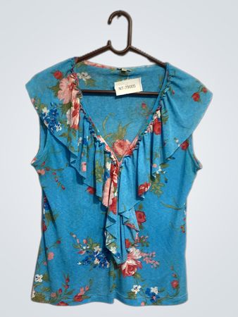 Yera Blue Floral Ruffle Sleeveless Top