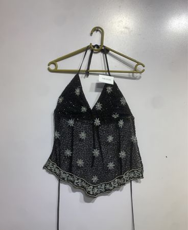 Black halter top with sequins and floral embroidery