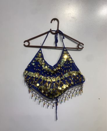 Blue Sequin and Bead Embellished Halter Top