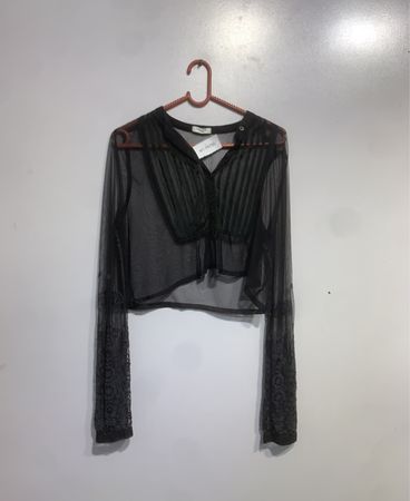 Redoute Creation Schwarze Durchsichtige Spitzenärmel Cropped Bluse