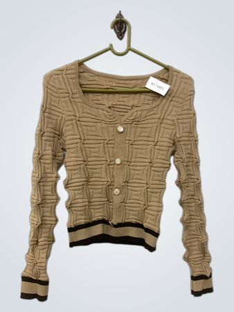 Beige strukturierter Knopf-Cardigan mit gestreiften Bündchen