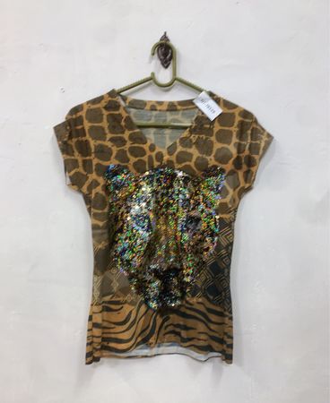 Tierdruck T-Shirt mit Pailletten-Leoparden-Gesicht