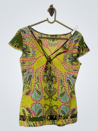 Damen Kurzarm Bluse mit Bindekragen und Paisleymuster