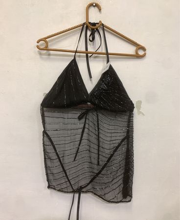 Black Sheer Halter Top with Sparkle Detail