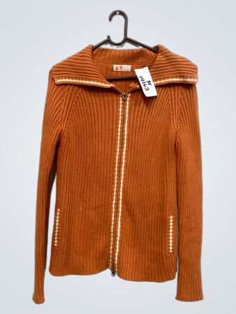 Oranger gerippter Reißverschluss-Cardigan mit weißen Streifen