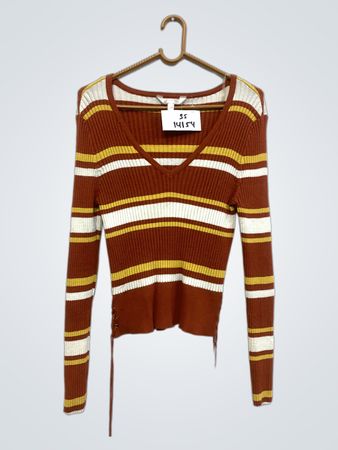 No Boundaries Gestreifter Ripp-Strickpullover mit Schnürung