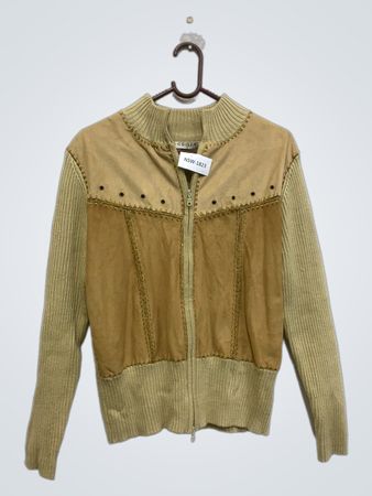 GUISEN beige Strick- und Wildlederjacke mit Reißverschluss NSW-1823
