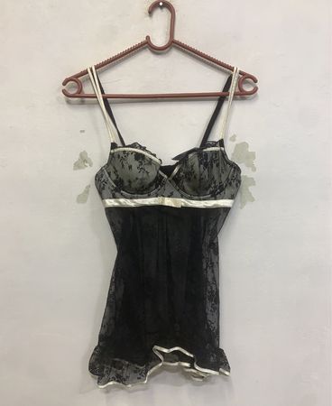 Black Lace Babydoll Lingerie with White Trim