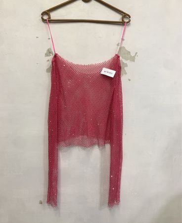 Rosa Netz-Crop-Top mit Strasssteinen