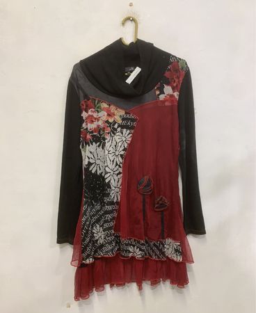 mTE Schwarzes Rotes Blumendruck Langarm Tunika Kleid