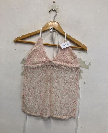 Haut halter en sequins blancs et roses avec lien à l'arrière