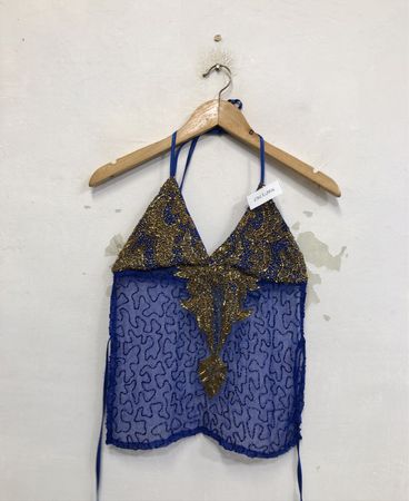 Blue beaded halter top