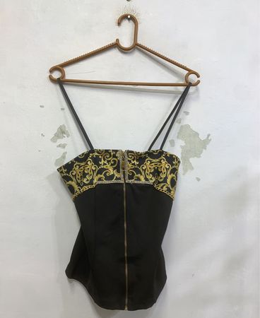Schwarzes Korsett-Top mit goldenem Barockdruck und Reißverschluss