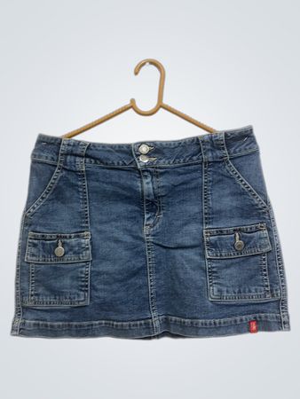 Miniröcke aus blauer Denim mit dehnbaren Stoff und Taschen für Damen