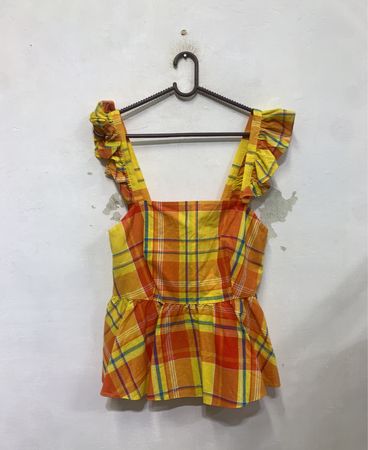 CASE ROSEAU Gelb Orange Karierter Volant-Träger Quadratischer Hals Peplum-Top