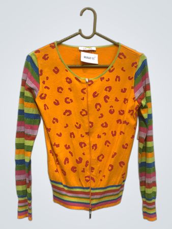 EVALINKA Orange Leopard Print Zip-Up Cardigan mit gestreiften Ärmeln