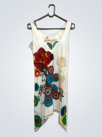 Desigual Weißes Ärmelloses Kleid mit Floral- und Grafikdruck