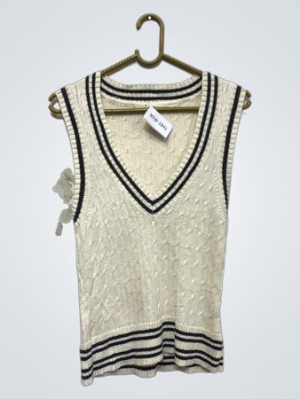 Weißer ärmelloser V-Ausschnitt-Sweater-Weste mit marineblauen Akzenten