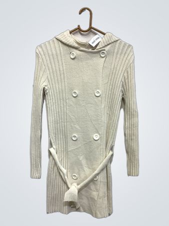 OCEAN LONDON PARIS creme ribbed doppelt geknöpfter Kapuzencardigan mit Gürtel