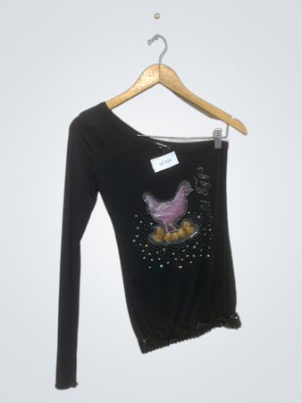 DENNYROSE Schwarzes Ein-Schulter-Oberteil mit Huhn- und Ei-Grafik