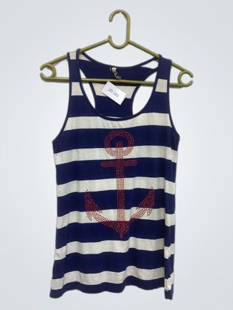ASHBONE Damen Blau- und Weißgestreiftes Tanktop mit Anker Grafik