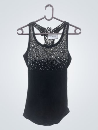 Schwarzes Tanktop mit Strasssteinen und Spitzeneinsatz hinten