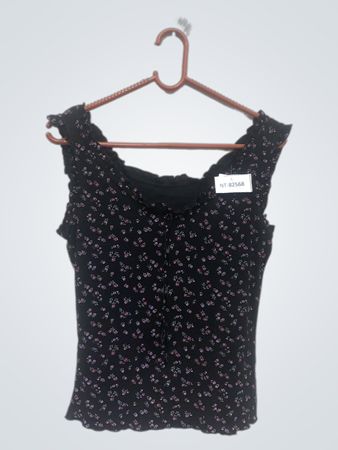 Schwarzes Oberteil mit floralem Druck und Bindedetail