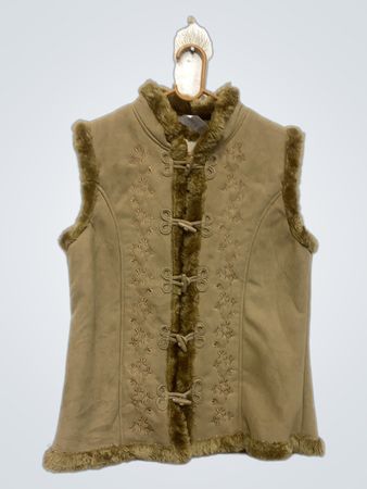 Style by EWM Damen bestickte Fleece-Weste mit Kunstpelzbesatz