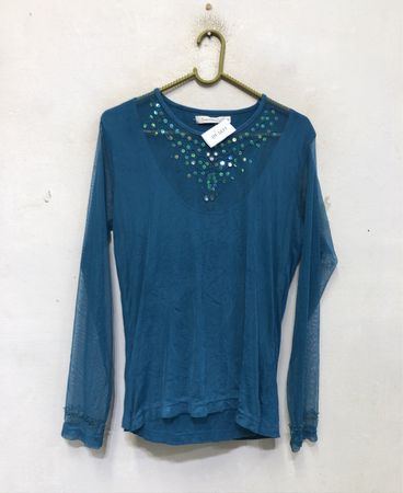 Friendtex Blau Transparente Langarmbluse mit Pailletten