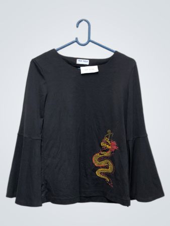 Blaues Wachs schwarzes Langarmshirt mit Drachendruck