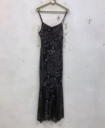 TIANBAOFUSHI Schwarzes Blumenmuster Spaghetti-Träger Maxikleid