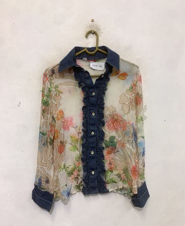 OTTO KERN Floral Print Sheer Button-Up Shirt