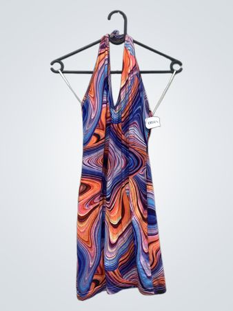 Halterneck-Kleid mit abstrahierter Druckgrafik