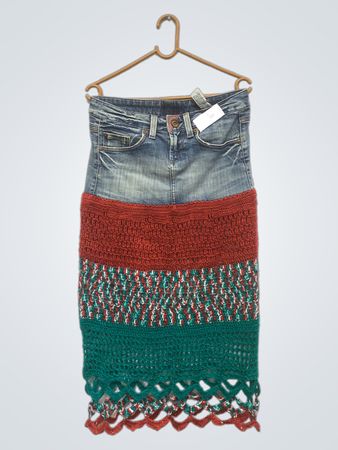 Guess Denim Skirt with Crochet Panels