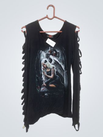 Spiral Direct Schwarzes T-Shirt mit Engelgrafik und Ausschnitten an den Ärmeln