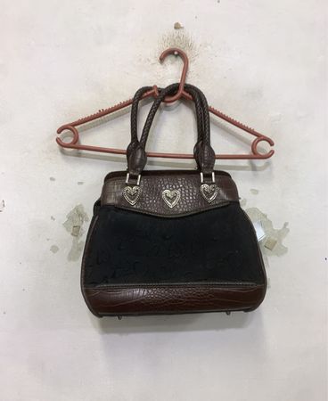 Black Handbag with Heart Pattern and Brown Trim