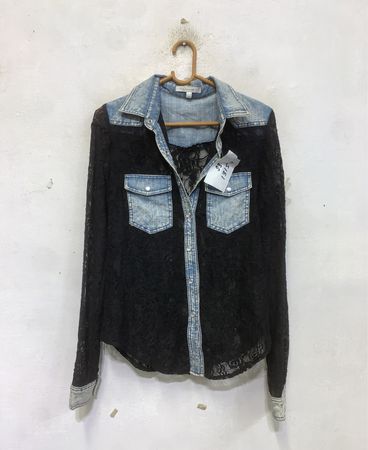 Oxygene Damen schwarzes Spitzen-Jeanshemd