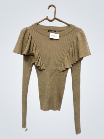 Jolio&Co Women's Gold Rippenstrick-Pullover mit Rüschen