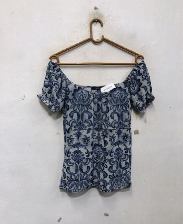 CORTefiel Blue Floral Print Off-the-Shoulder Top