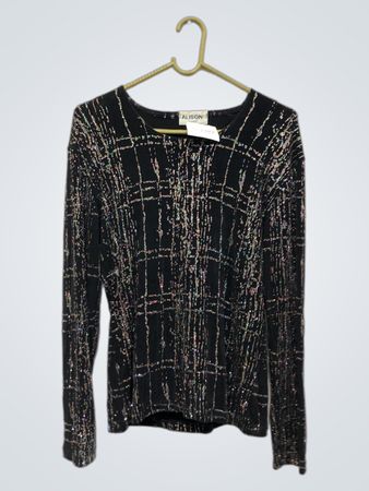 ALISON PARIS Schwarzes Glitzer-Raster Langarm-Top
