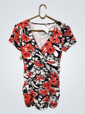Damen-Oberteil mit gerafftem Blumenmuster und V-Ausschnitt