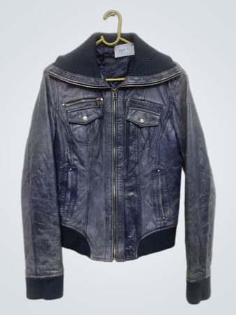 Navy Blue Leather Jacket with Ribbed Collar and Cuffs