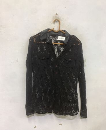 Black Lace Shirt with Leather Collar
