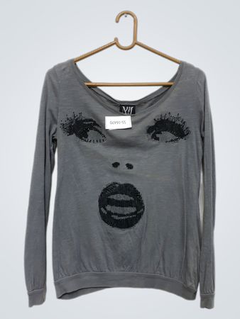 NY Jeans Damen Graues Langarm-T-Shirt mit verziertem Gesichts-Print
