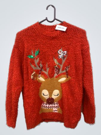 Roter Rentier-Weihnachtspullover
