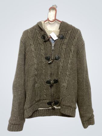 BADLANDS NJ-9270 Herren brauner Strickpullover mit Kabelmuster, Sherpa-gefütterter Duffle-Mantel mit Kapuze