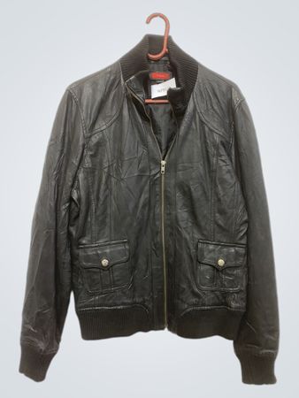 TISSAIA Black Leather Bomber Jacket