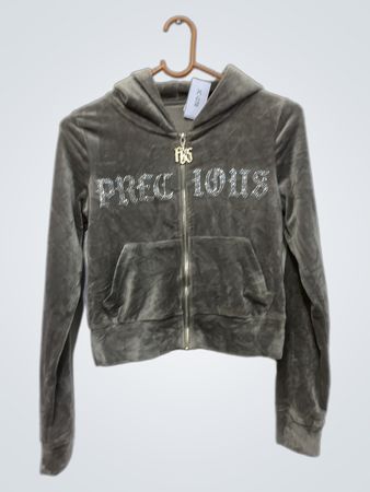 FBS Velour Blusão com Fecho de Correr e Aplicações de Strass