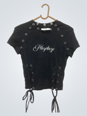 Playboy schwarzes Crop-Top mit Schnürung und Ösen